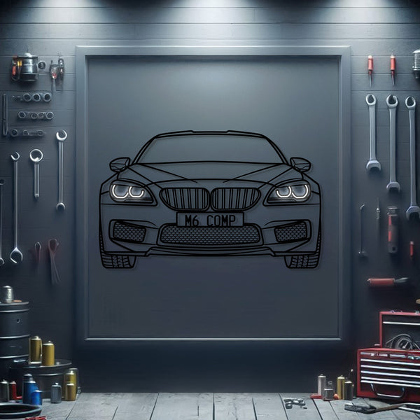 Metal neon wall art of a front-view car with glowing headlights and grille, M6 COMP