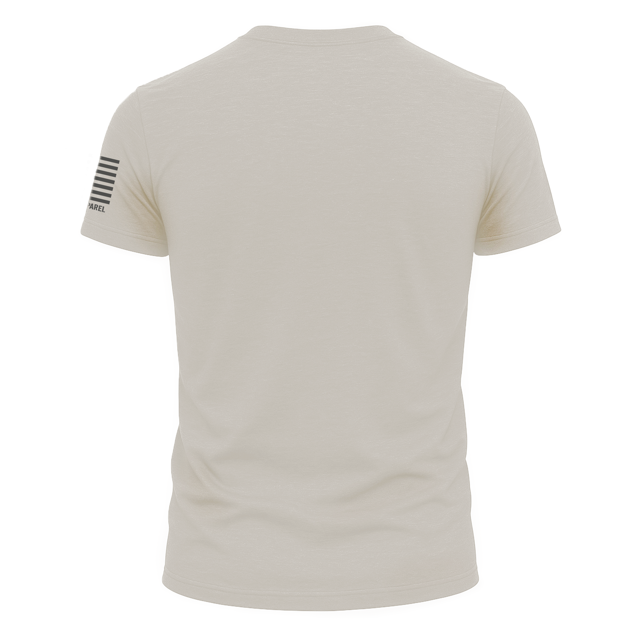 Sand crewneck tee, plain back with small American flag label on left sleeve
