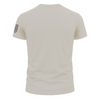 Sand crewneck tee, plain back with small American flag label on left sleeve