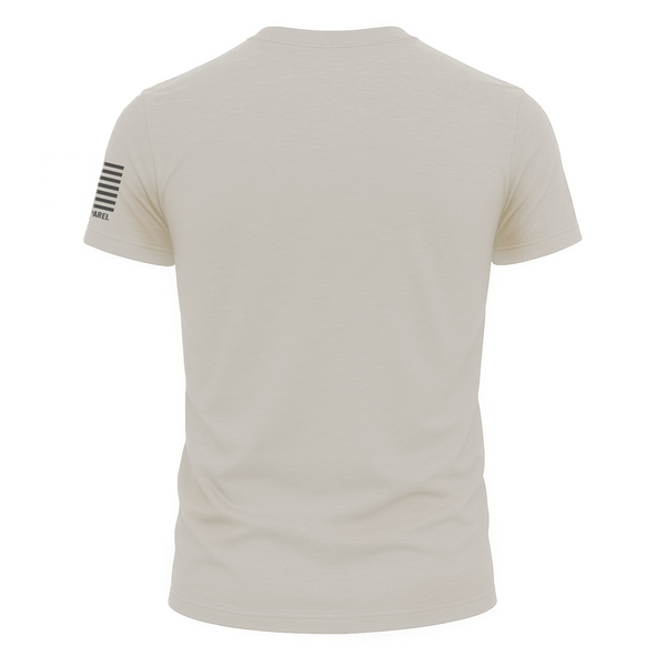 Sand crewneck tee, plain back with small American flag label on left sleeve