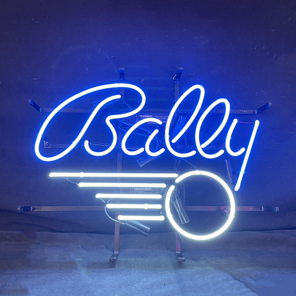 Neon pinball sign light with cursive Bally text and winged wheel, blue glow