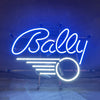 Neon pinball sign light with cursive Bally text and winged wheel, blue glow