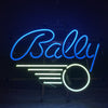 Neon pinball sign light with Bally cursive and winged wheel, blue and green glow