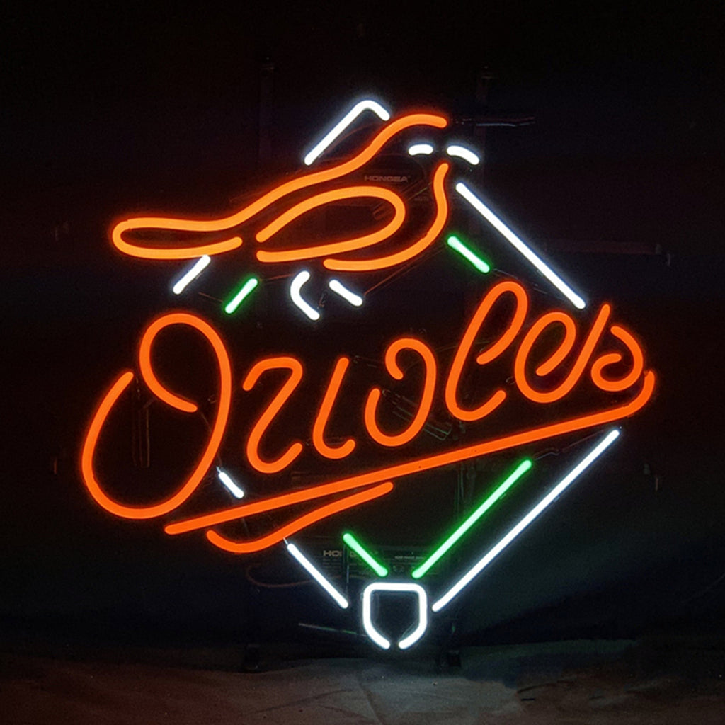 Baltimore Orioles neon sign light with orange, green, and white tubing spelling Orioles