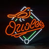 Baltimore Orioles neon sign light with orange, green, and white tubing spelling Orioles
