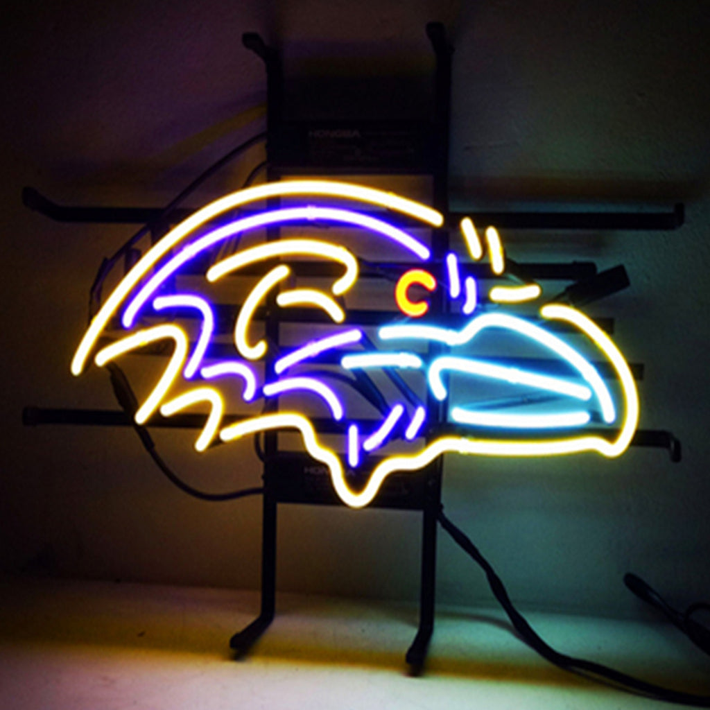 Baltimore Ravens neon sign light with glowing bird logo on metal stand