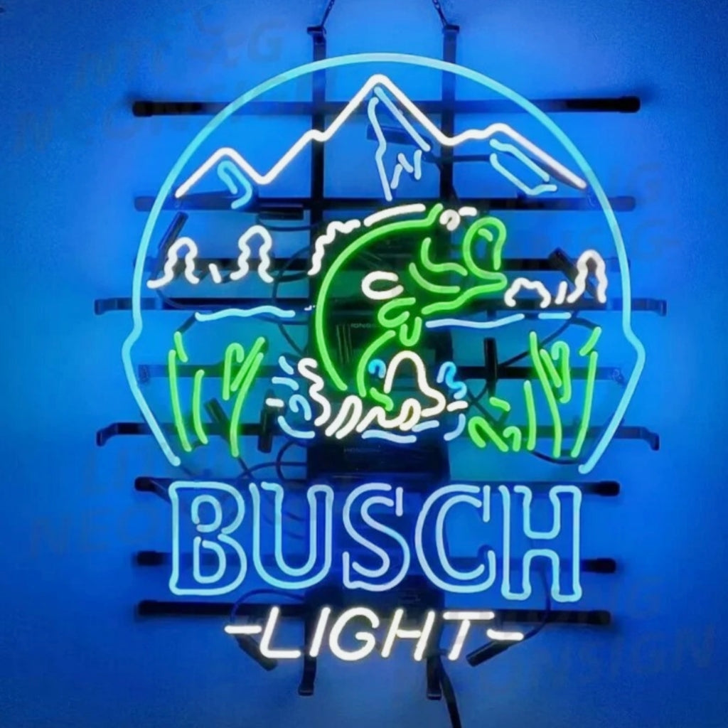 Neon beer sign with green bass fish and Busch Light lettering