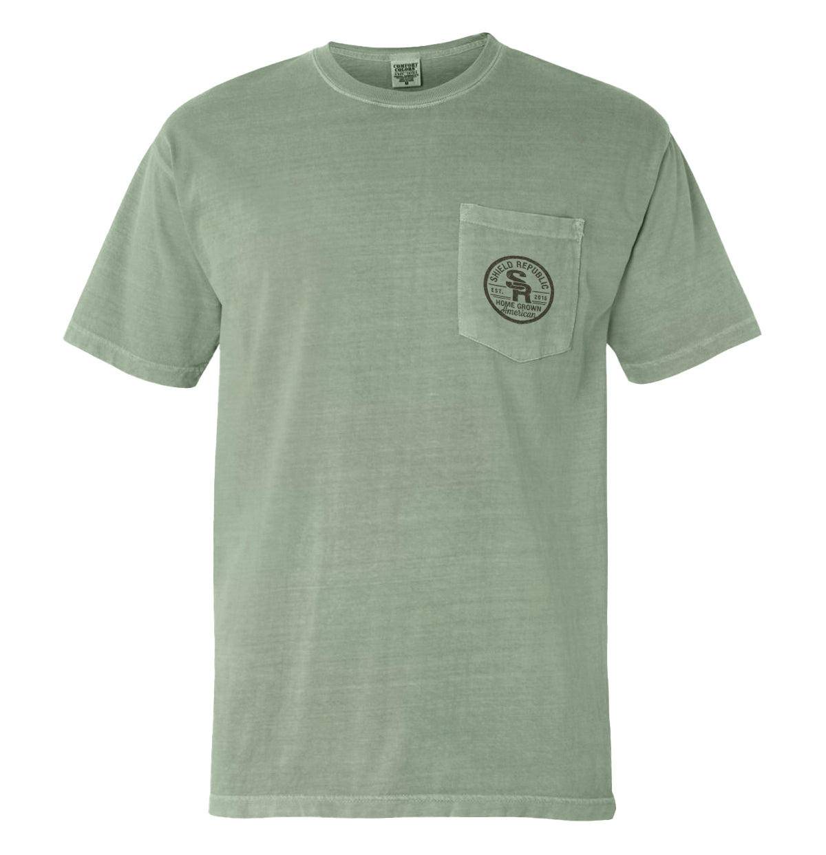 Military green T-shirt with front pocket and small chest logo