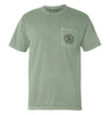 Military green T-shirt with front pocket and small chest logo