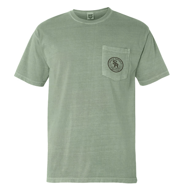 Military green T-shirt with front pocket and small chest logo