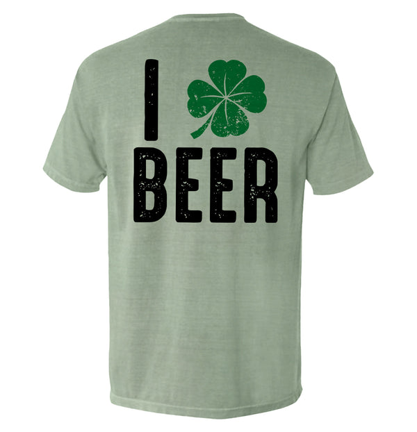 Green T-shirt with back print "I BEER" and green clover design