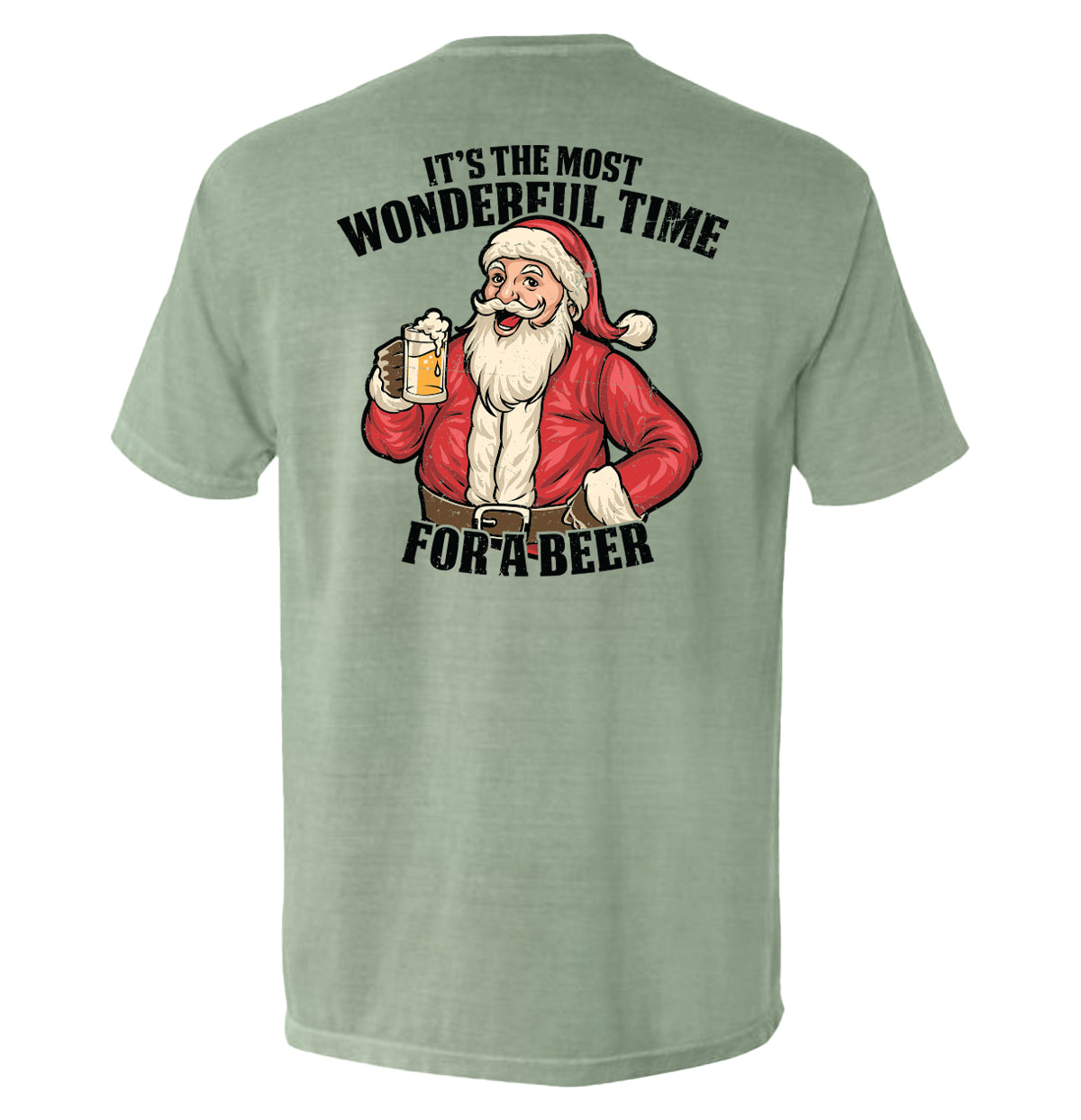Green T-shirt with Santa beer graphic on back and black sleeve stripe text