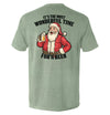Green T-shirt with Santa beer graphic on back and black sleeve stripe text