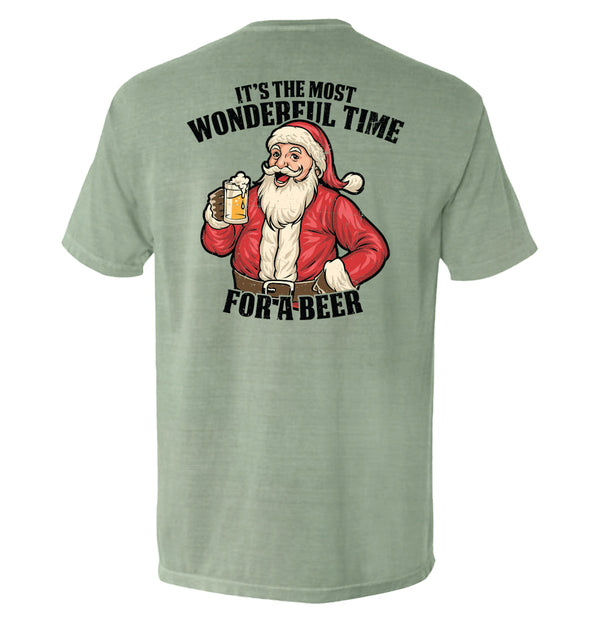Green T-shirt with Santa beer graphic on back and black sleeve stripe text