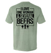 Sage green T-shirt with 'I LOVE ONE WOMAN & SEVERAL BEERS' back graphic and beer mugs