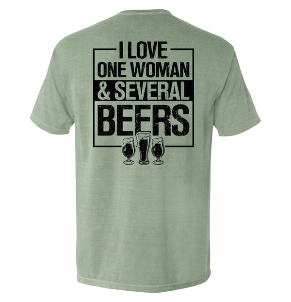 Sage green T-shirt with 'I LOVE ONE WOMAN & SEVERAL BEERS' back graphic and beer mugs