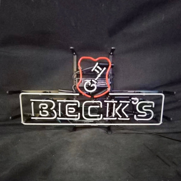 Beer neon light sign with metal frame, green-white BECK'S lettering and orange icon