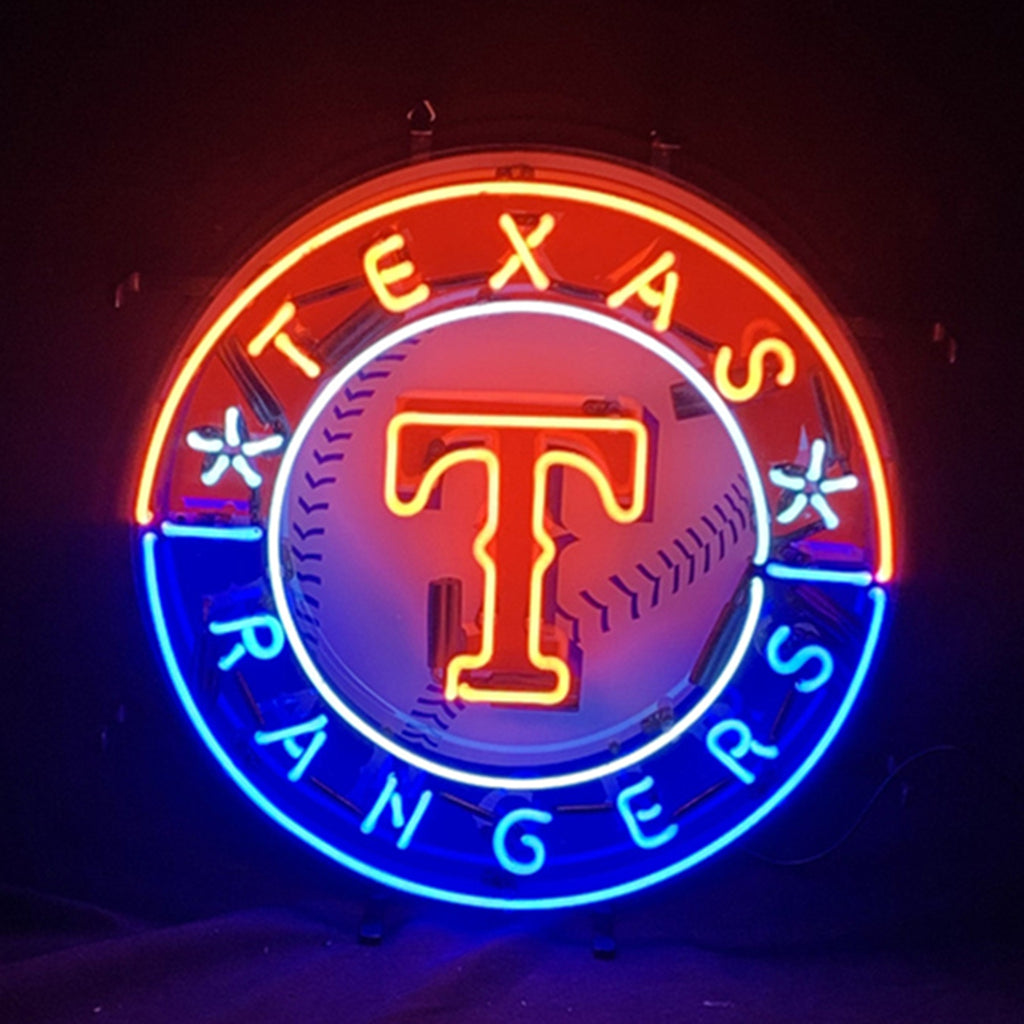 Round neon baseball team sign with red T and blue TEXAS RANGERS lettering ring