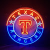 Round neon baseball team sign with red T and blue TEXAS RANGERS lettering ring