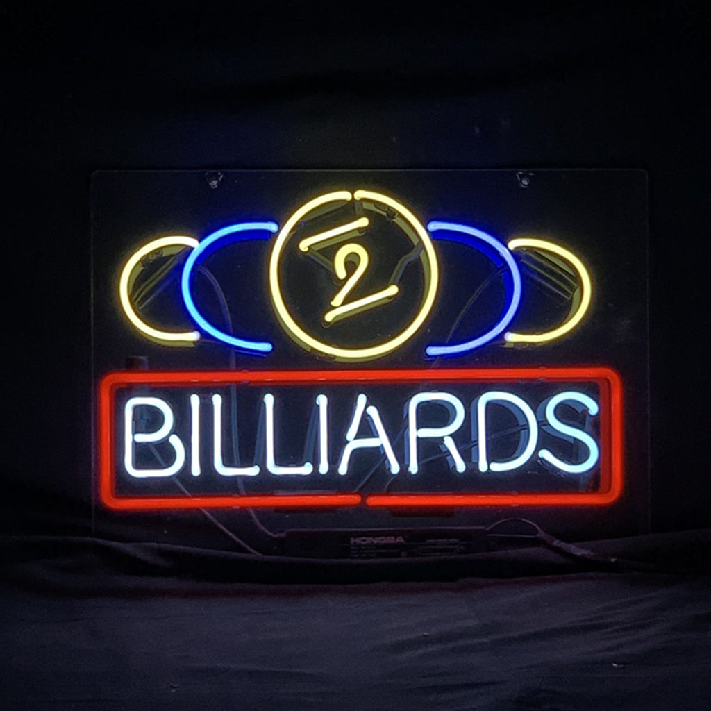 Neon billiards game sign light with BILLIARDS text and pool-themed blue circle