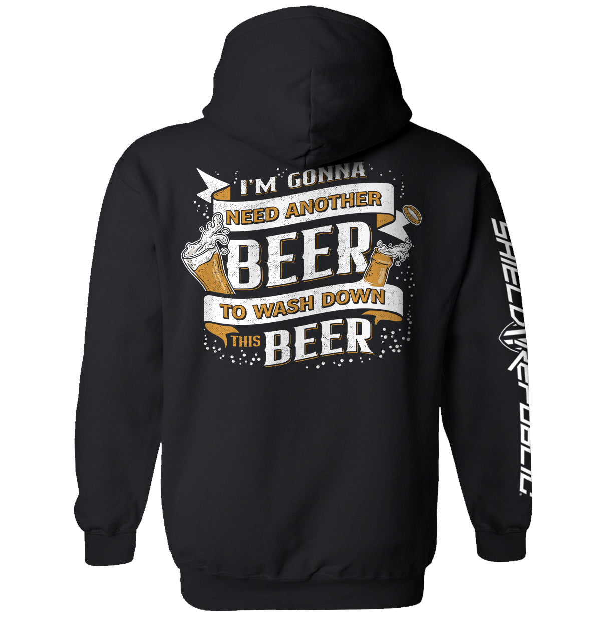 Black hoodie with front beer slogan graphic and white side sleeve text