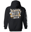 Black hoodie with front beer slogan graphic and white side sleeve text