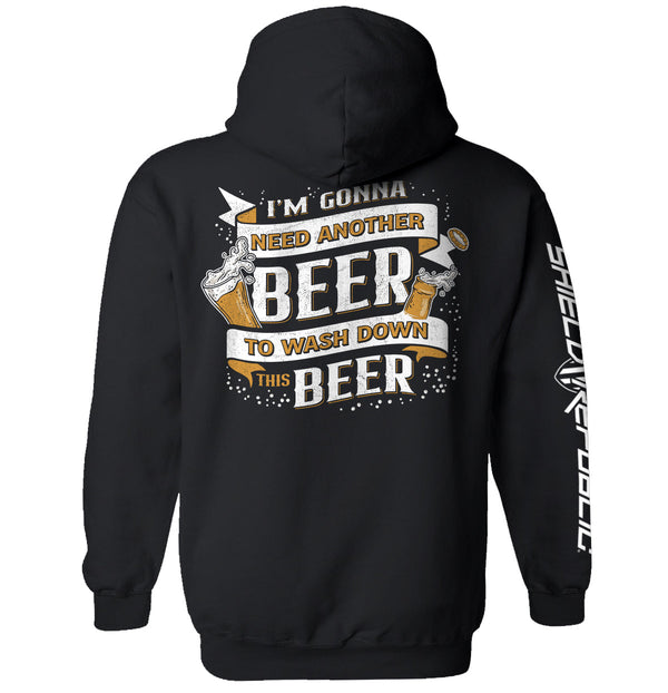 Black hoodie with front beer slogan graphic and white side sleeve text