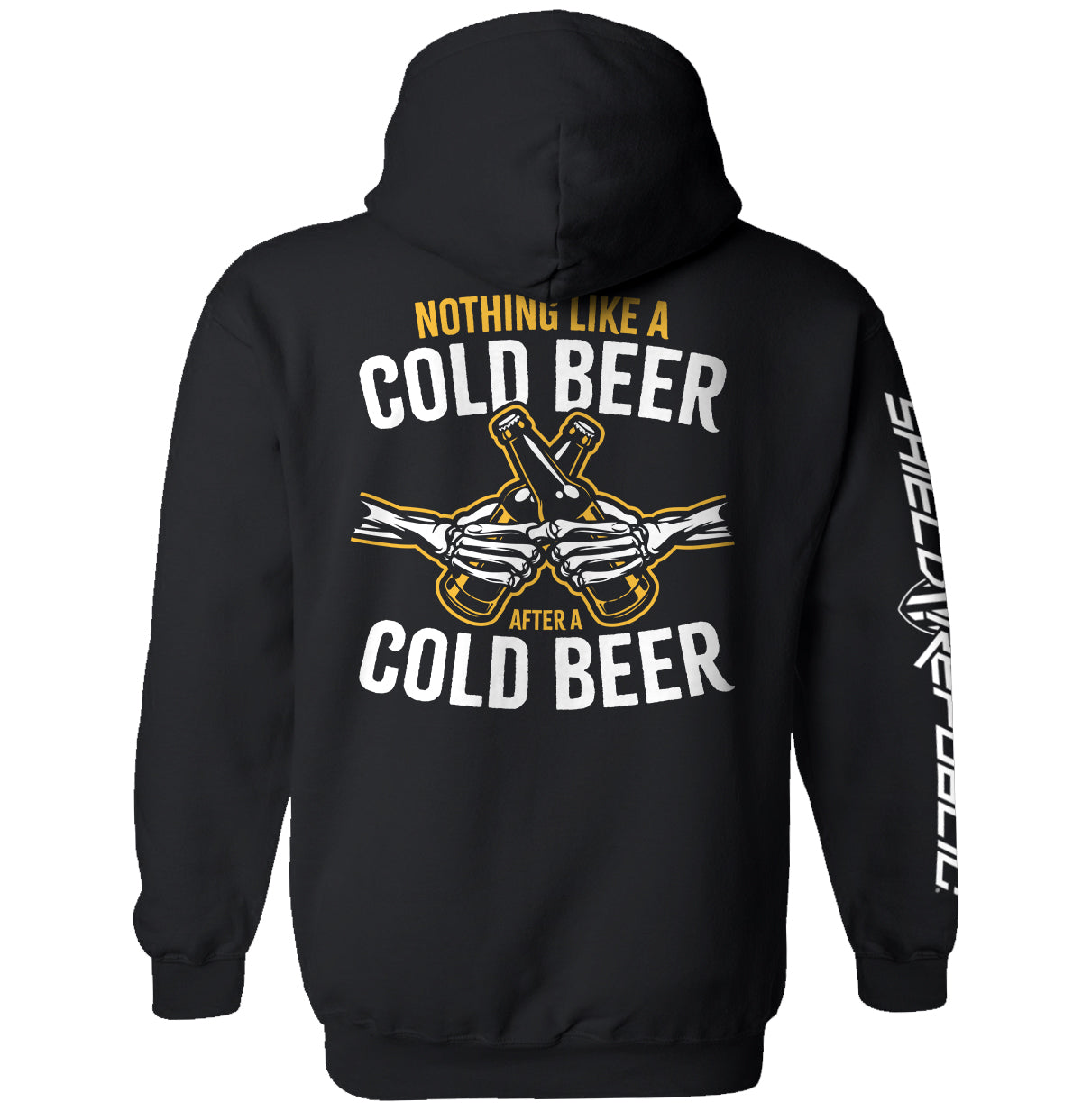 Black hoodie, back text 'NOTHING LIKE A COLD BEER' with beer-bottle graphic