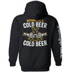 Black hoodie, back text 'NOTHING LIKE A COLD BEER' with beer-bottle graphic
