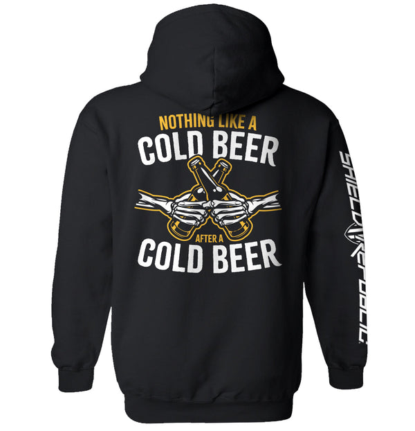 Black hoodie, back text 'NOTHING LIKE A COLD BEER' with beer-bottle graphic