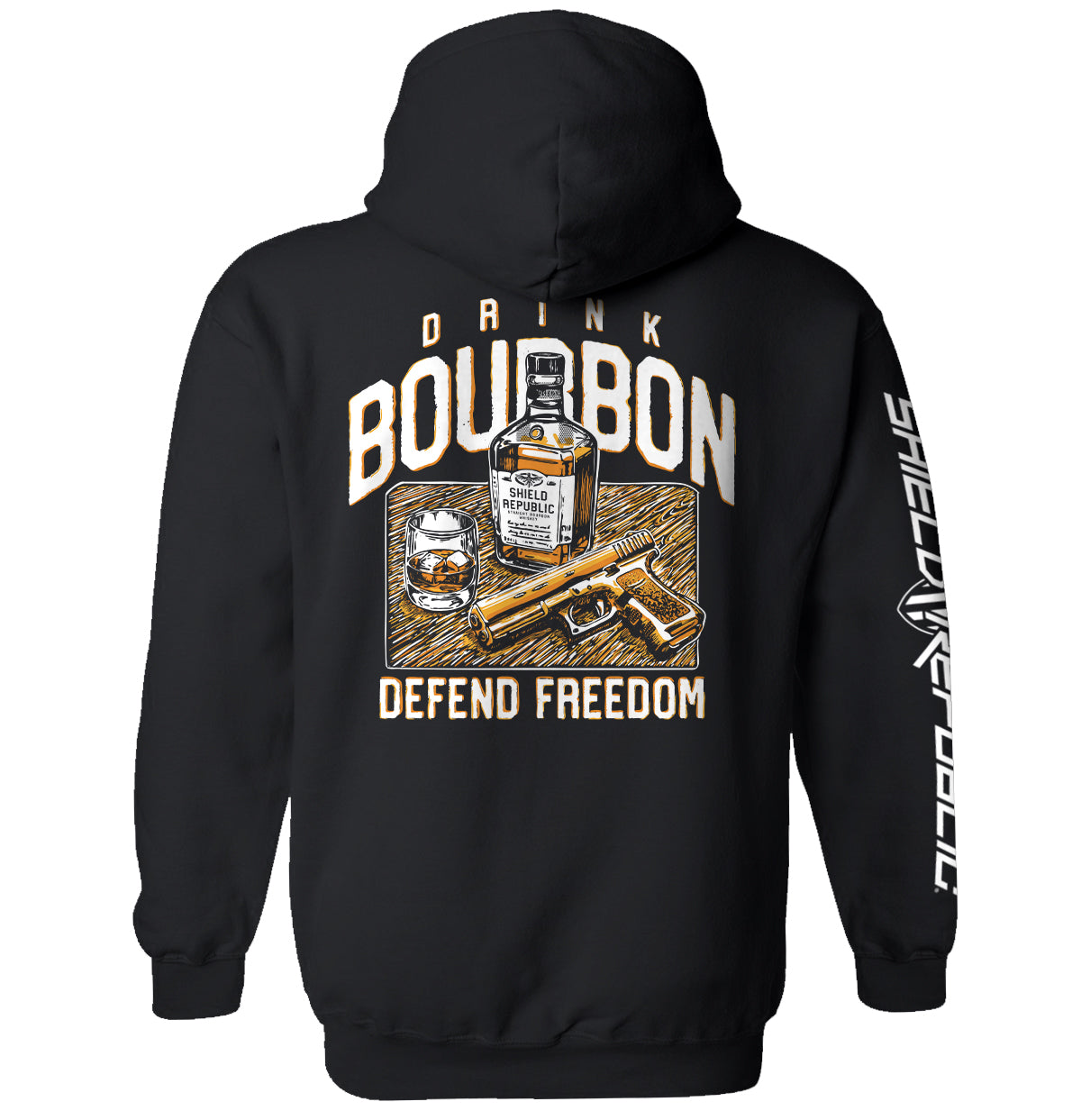 Black hoodie with back graphic: bourbon bottle, DRINK/BOURBON text, DEFEND FREEDOM