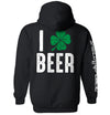 Black hoodie with back print "I BEER" and green clover graphic