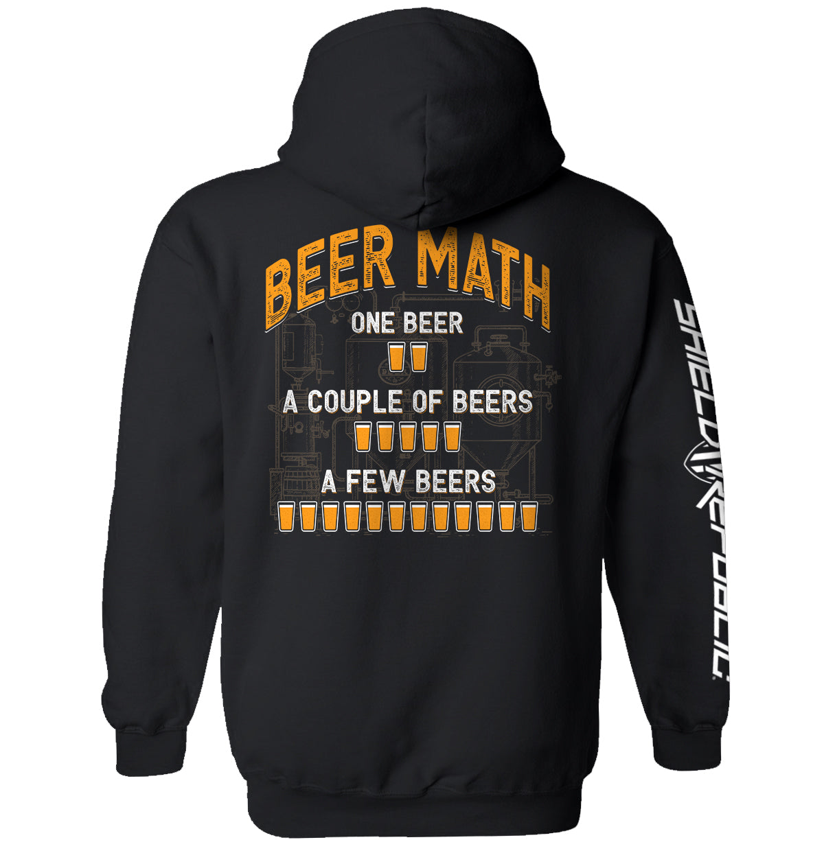 Graphic black hoodie with orange beer-themed back print and vertical white sleeve text