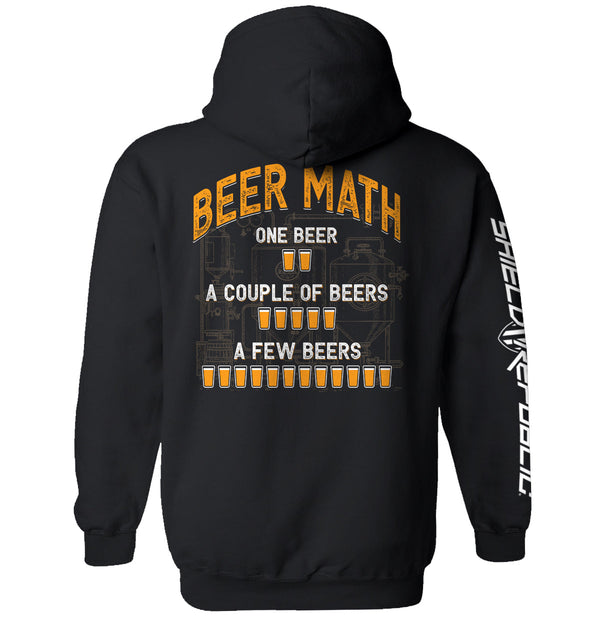 Graphic black hoodie with orange beer-themed back print and vertical white sleeve text