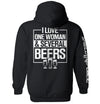 Black hoodie with back text graphic: I LOVE ONE WOMAN & SEVERAL BEERS and beer glasses