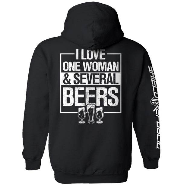 Black hoodie with back text graphic: I LOVE ONE WOMAN & SEVERAL BEERS and beer glasses