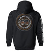 Black graphic hoodie with circular bourbon-barrel slogan print on back