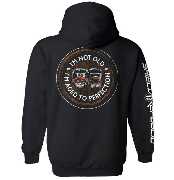 Black graphic hoodie with circular bourbon-barrel slogan print on back