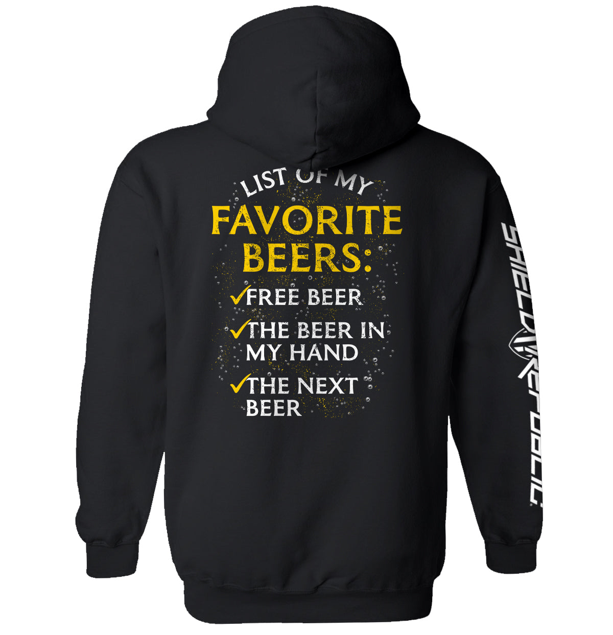 Black graphic hoodie, back print: “List of My Favorite Beers” with beer list