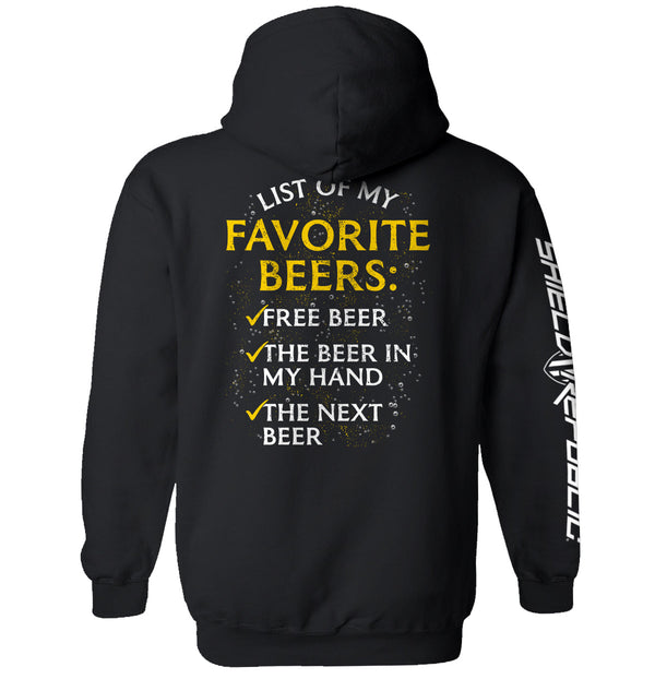 Black graphic hoodie, back print: “List of My Favorite Beers” with beer list