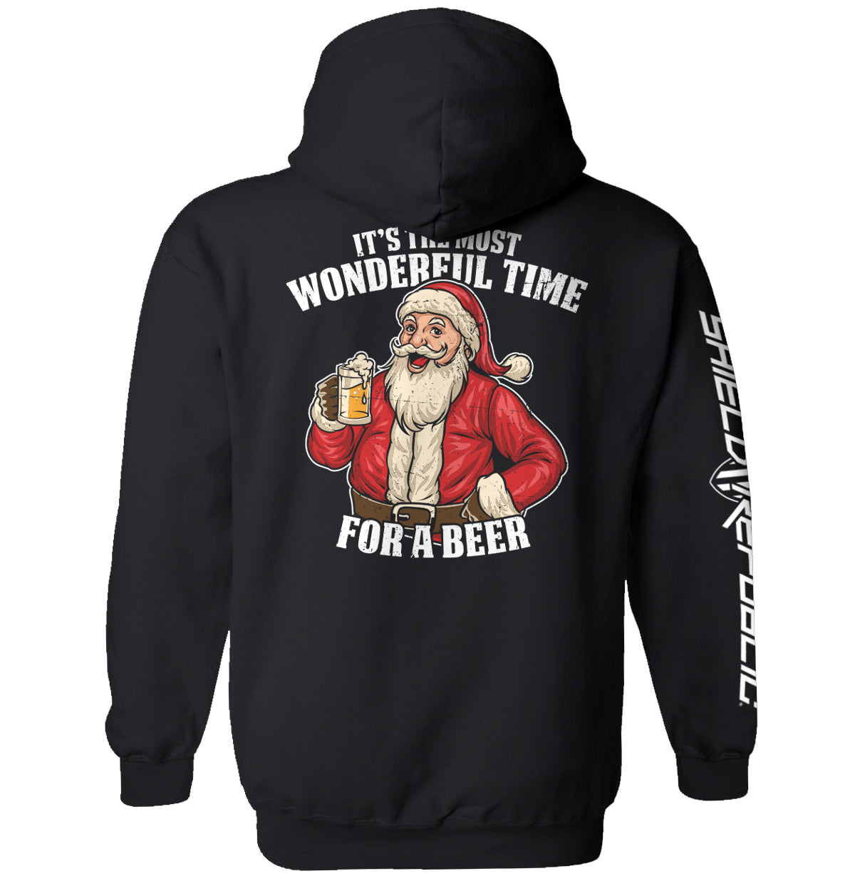 Black hoodie, Santa holding a beer with back text 