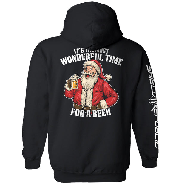 Black hoodie, Santa holding a beer with back text "WONDERFUL TIME FOR A BEER"