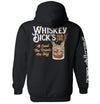 Black hoodie with back Whiskey Dick's Pub & Grill graphic print and right sleeve text
