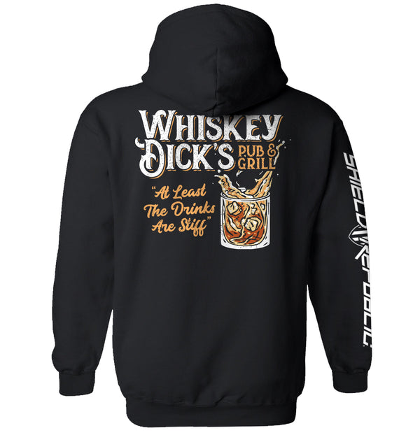 Black hoodie with back Whiskey Dick's Pub & Grill graphic print and right sleeve text