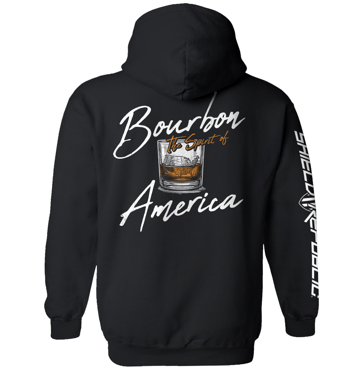 Black hoodie with Bourbon the Spirit of America back graphic and side sleeve print