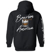 Black hoodie with Bourbon the Spirit of America back graphic and side sleeve print