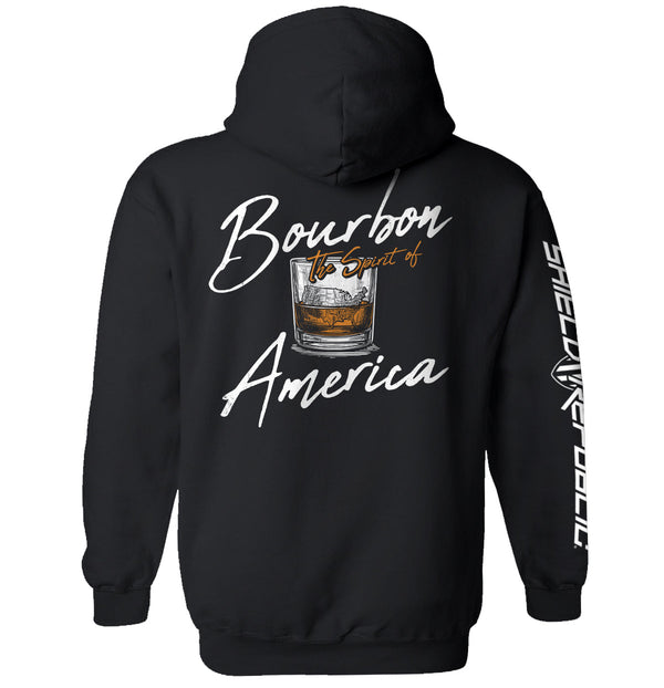 Black hoodie with Bourbon the Spirit of America back graphic and side sleeve print