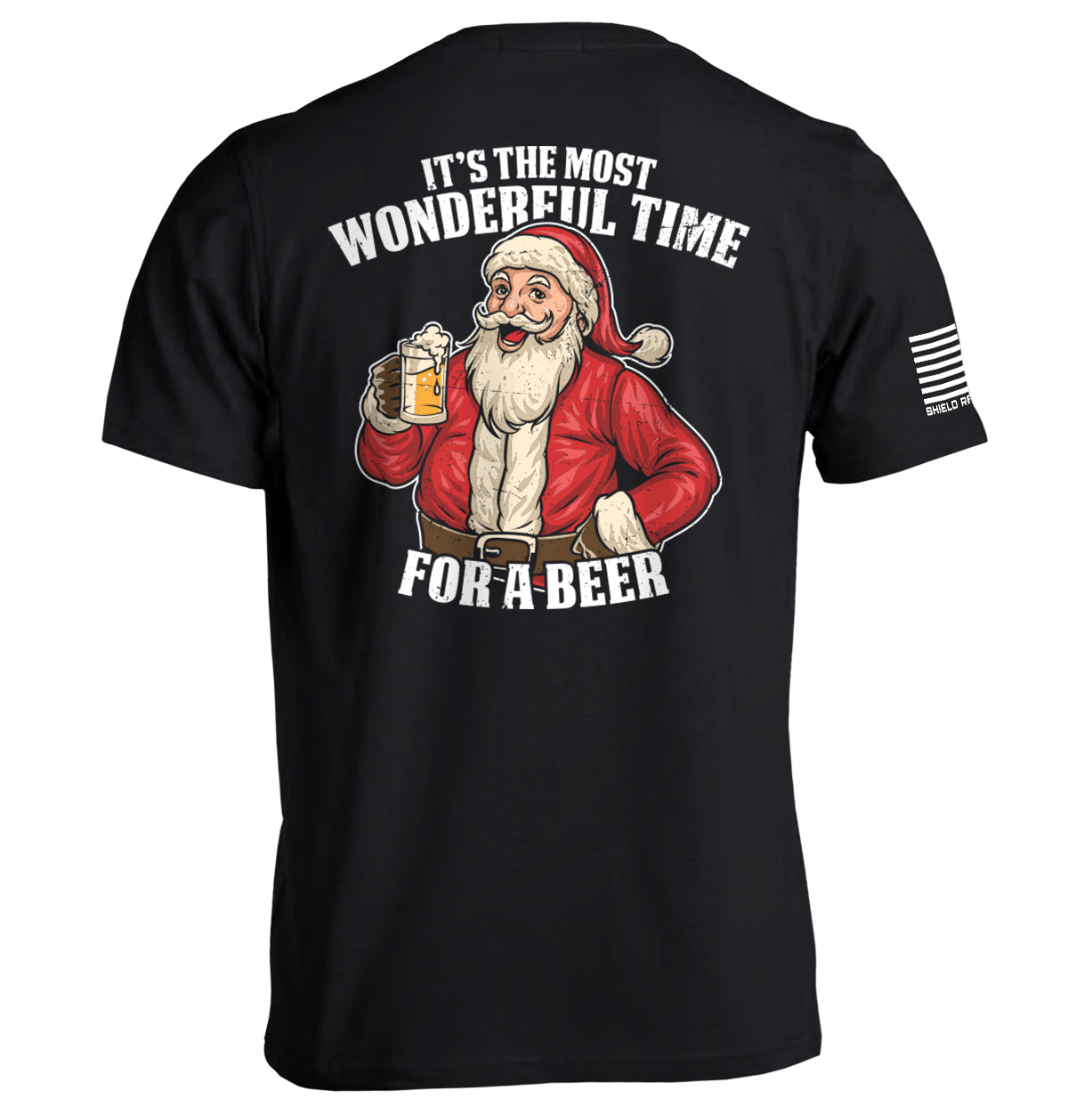Black crew T-shirt, Santa holding a beer with back text 
