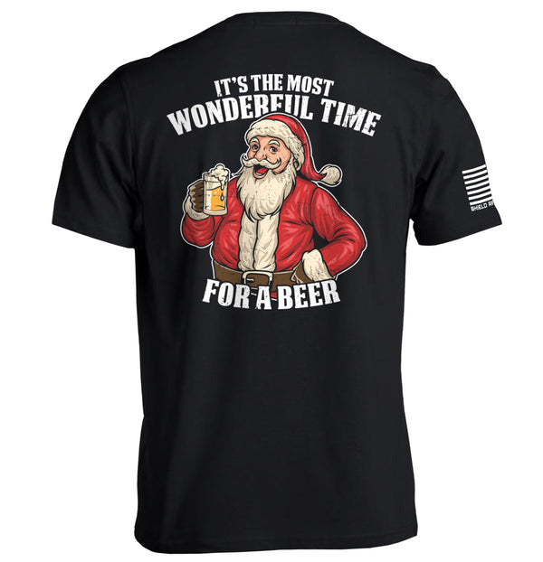 Black crew T-shirt, Santa holding a beer with back text "WONDERFUL TIME FOR A BEER"