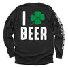 Black long-sleeve shirt with back print "I BEER" and green clover graphic